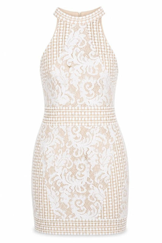 PRETTYLITTLETHING Womens Beige Geometric Polyester Bodycon Size 8 Crew Neck Zip