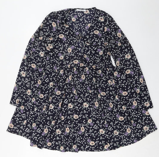 Glamorous Womens Blue Floral Polyester Trapeze & Swing Size 10 V-Neck Tie