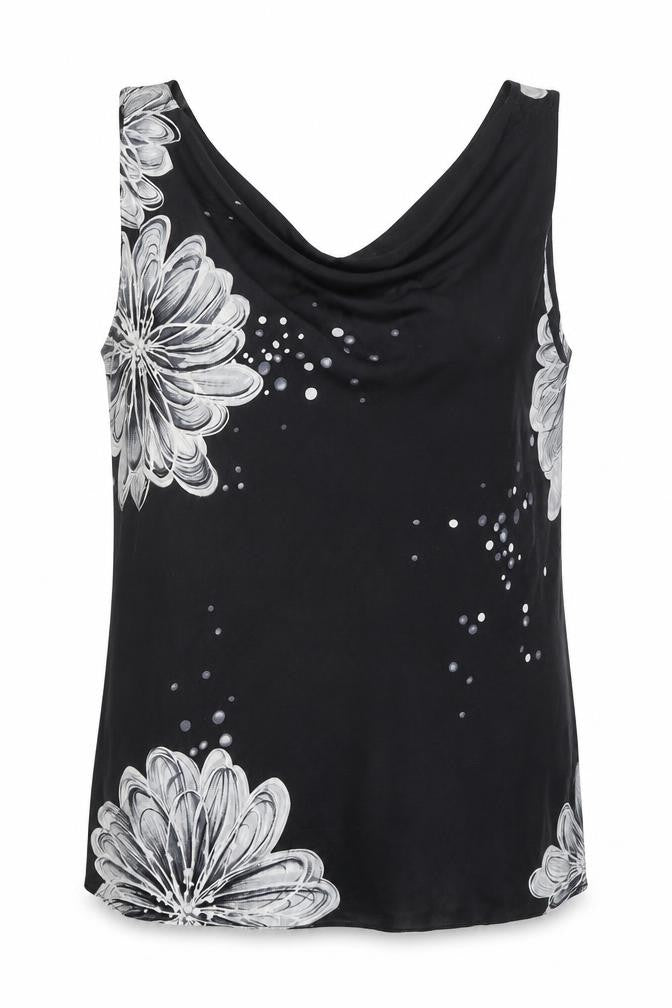 Michel Ambers Womens Black Floral Polyester Basic Tank Size 14 Cowl Neck