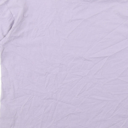 Brand and care label for ASOS women’s purple cotton basic t-shirt, size UK 4, crew neck