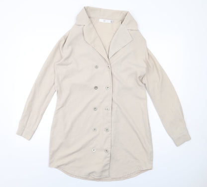 Additional front view of Missguided women’s beige polyester jacket dress, size UK 6, collared button