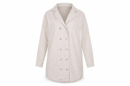 Front view of Missguided women’s beige polyester jacket dress, size UK 6, collared button