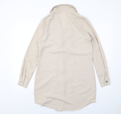 Back view of Missguided women’s beige polyester jacket dress, size UK 6, collared button
