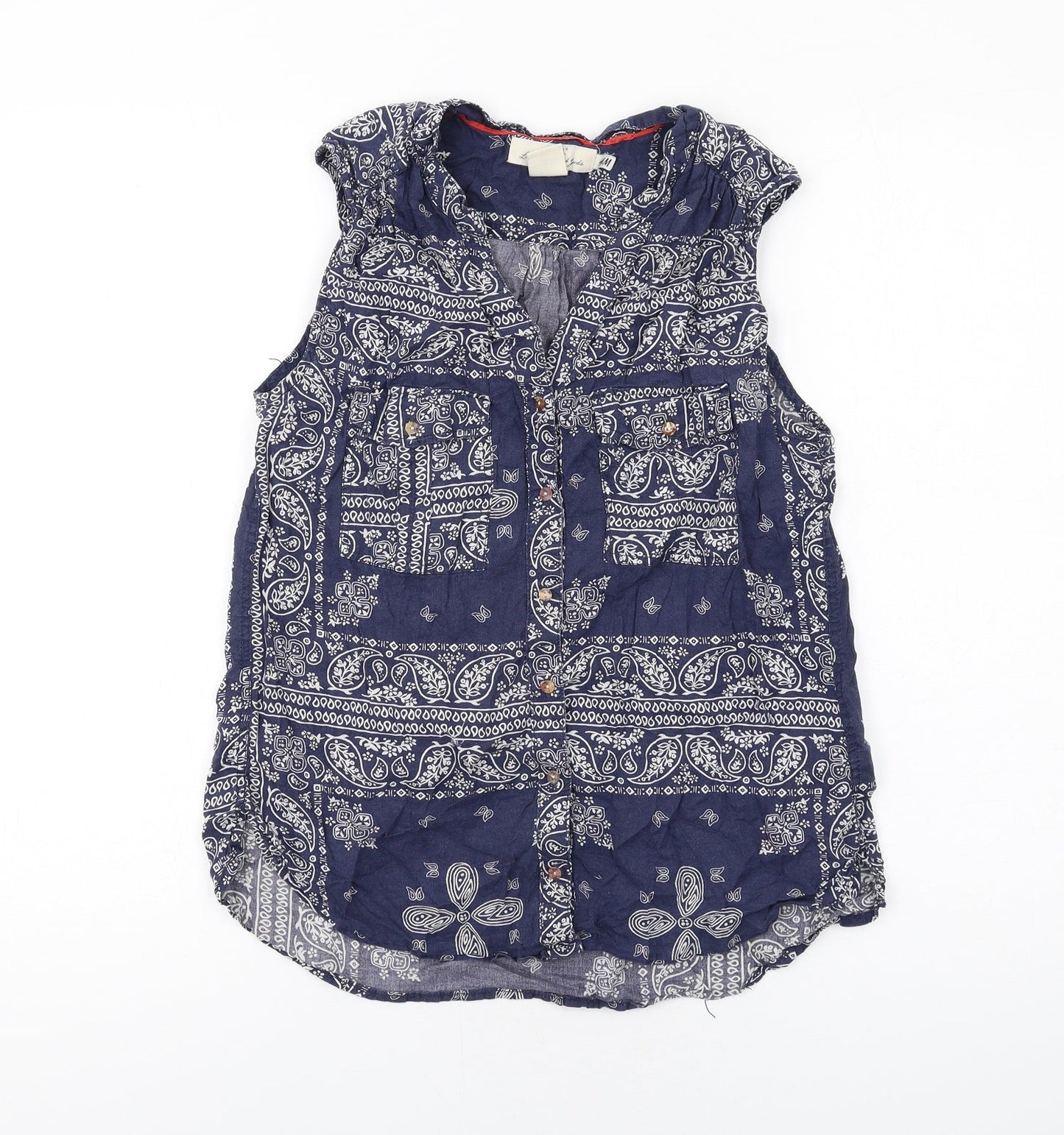 H&M Womens Blue Geometric Cotton Basic Button-Up Size 8 Collared