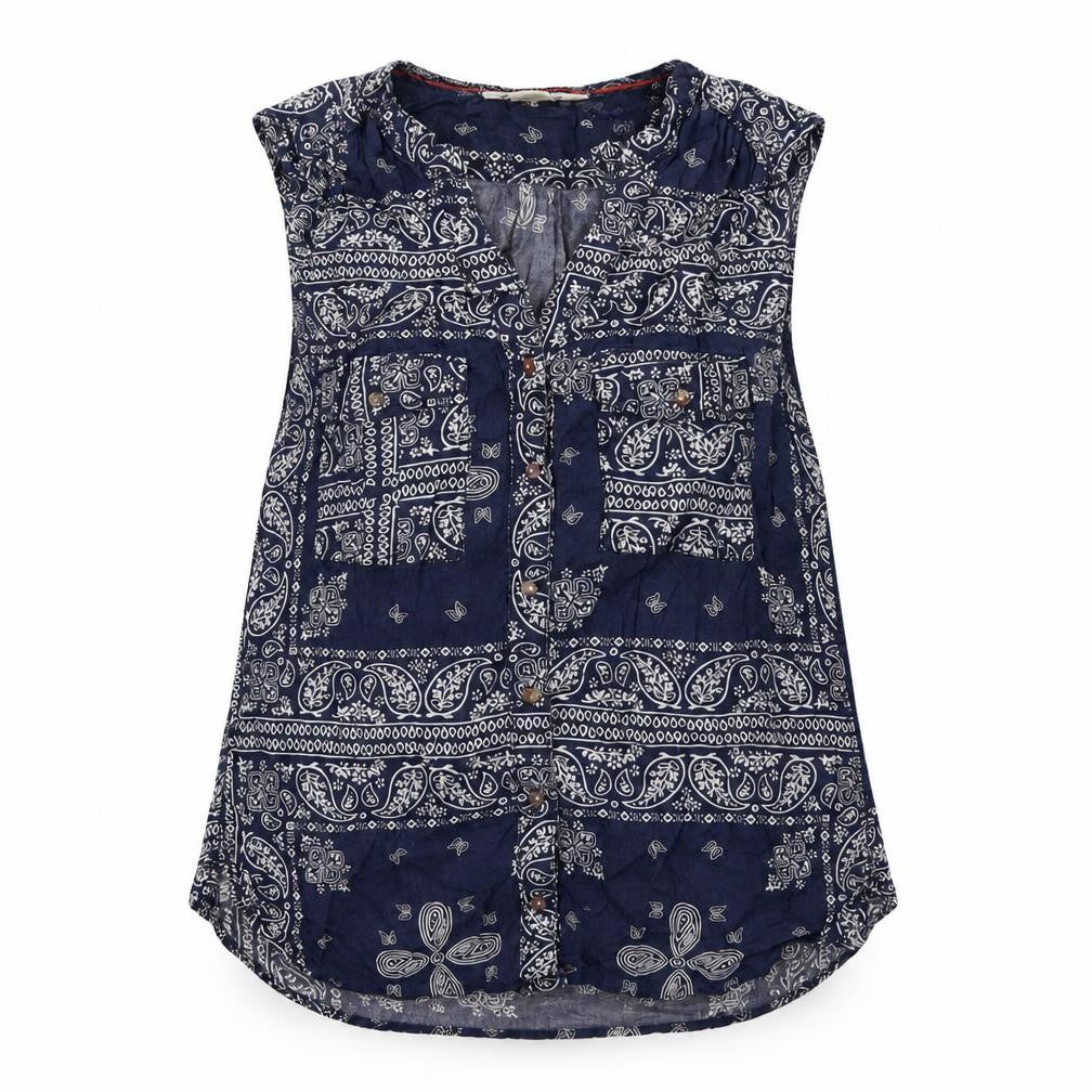 H&M Womens Blue Geometric Cotton Basic Button-Up Size 8 Collared