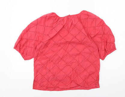 Marks & Spencer Womens Red Argyle/Diamond Cotton Basic Blouse Size 8 Round Neck