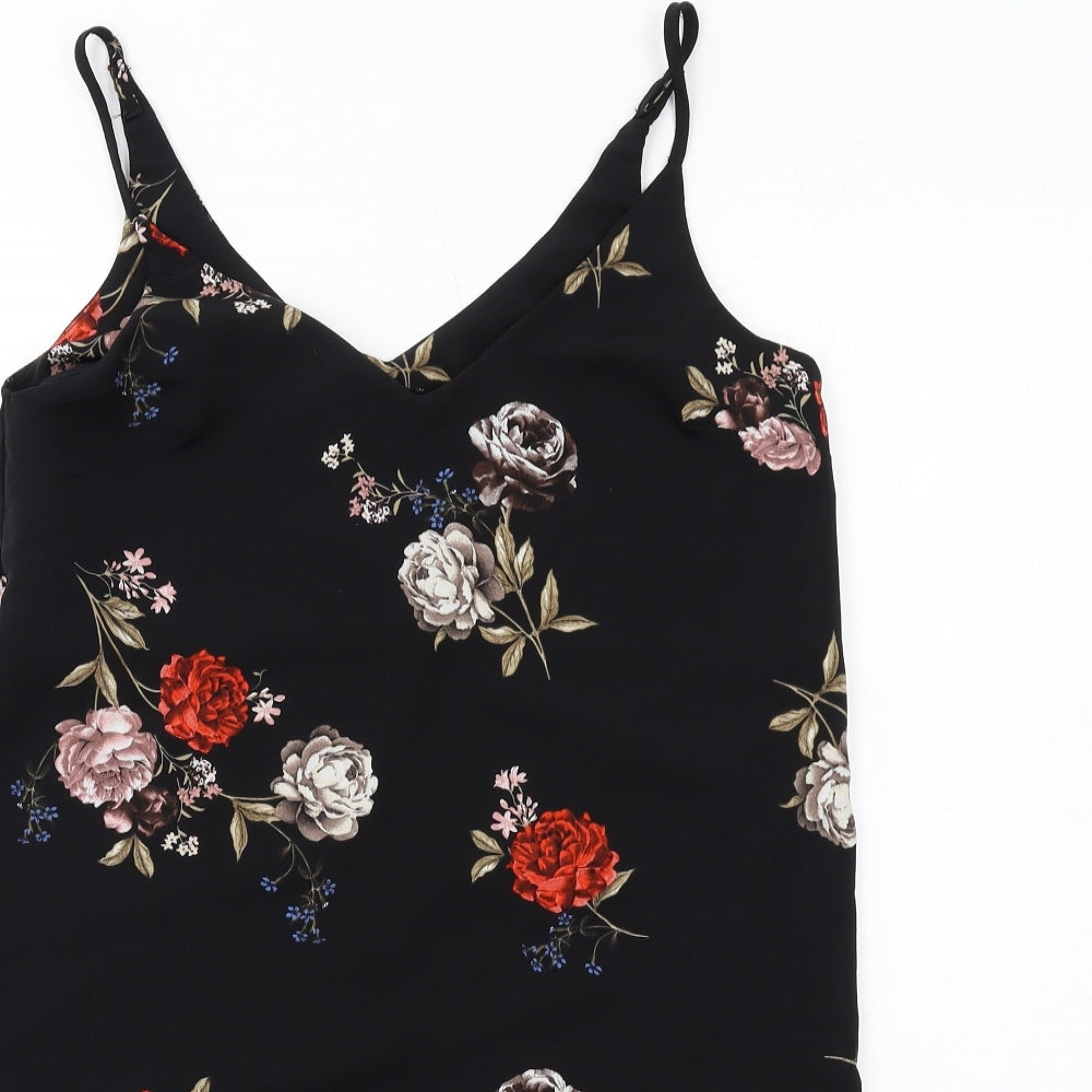 New Look Womens Black Floral Polyester Slip Dress Size 8 V-Neck Pullover