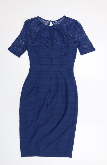 Back view of Linea women’s blue polyester shift, size UK 8, round neck button