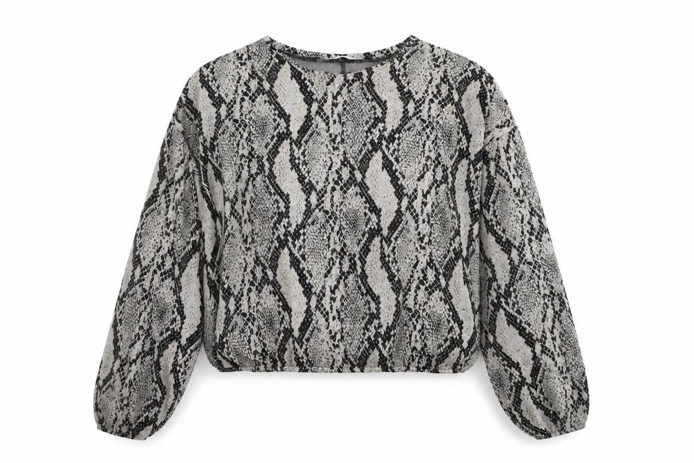 Zara Womens Grey Animal Print Polyester Basic Blouse Size M Round Neck - Snake Print