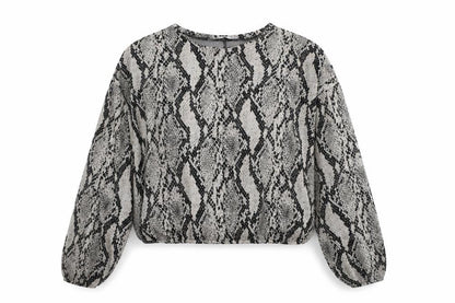 Zara Womens Grey Animal Print Polyester Basic Blouse Size M Round Neck - Snake Print
