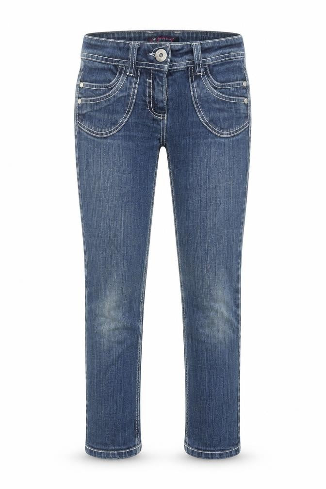 Front view of Denim & Co. girls’ blue cotton skinny jeans, size 9-10, years regular zip