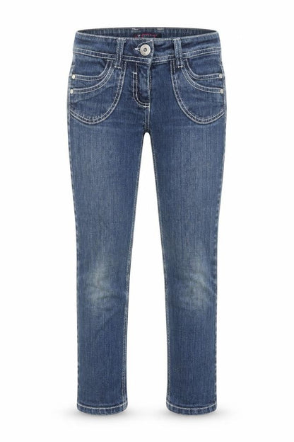 Front view of Denim & Co. girls’ blue cotton skinny jeans, size 9-10, years regular zip