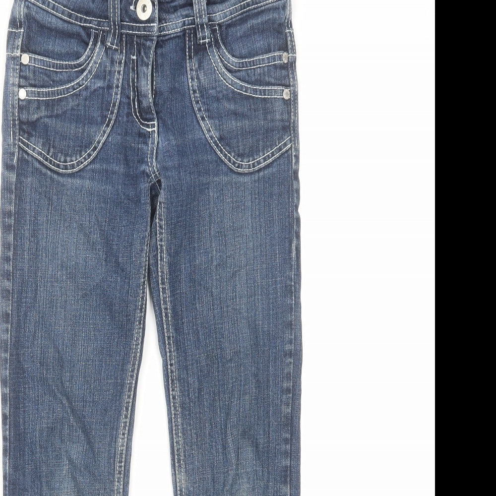 Close-up detail of Denim & Co. girls’ blue cotton skinny jeans, size 9-10, years regular zip