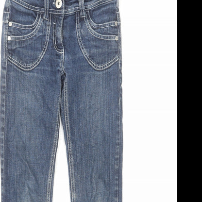 Close-up detail of Denim & Co. girls’ blue cotton skinny jeans, size 9-10, years regular zip