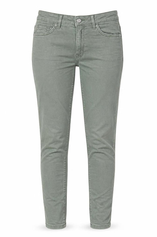 Front view of Denim & Co. women’s green cotton skinny jeans, size UK 6, 29-inch leg regular zip