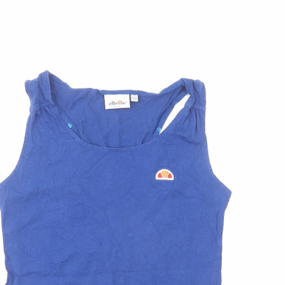 Close-up detail of Ellesse women’s blue cotton basic tank, size UK 10, boat neck