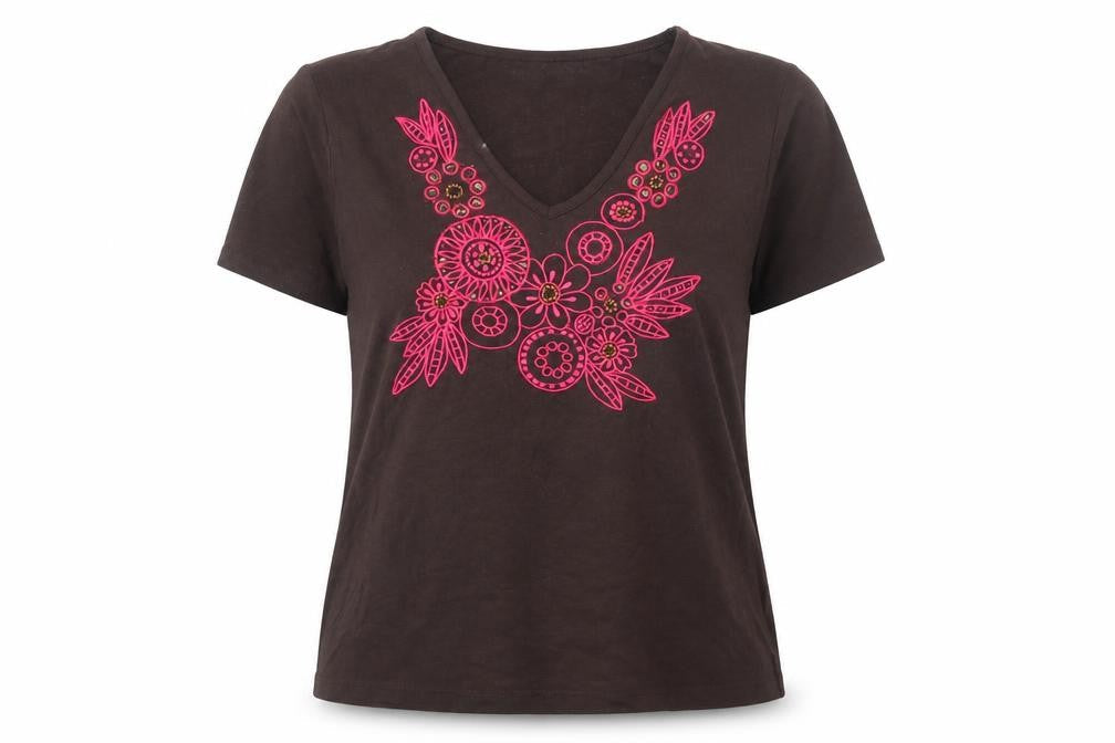 Country Casuals Womens Brown Cotton Basic T-Shirt Size L V-Neck - Floral Detail