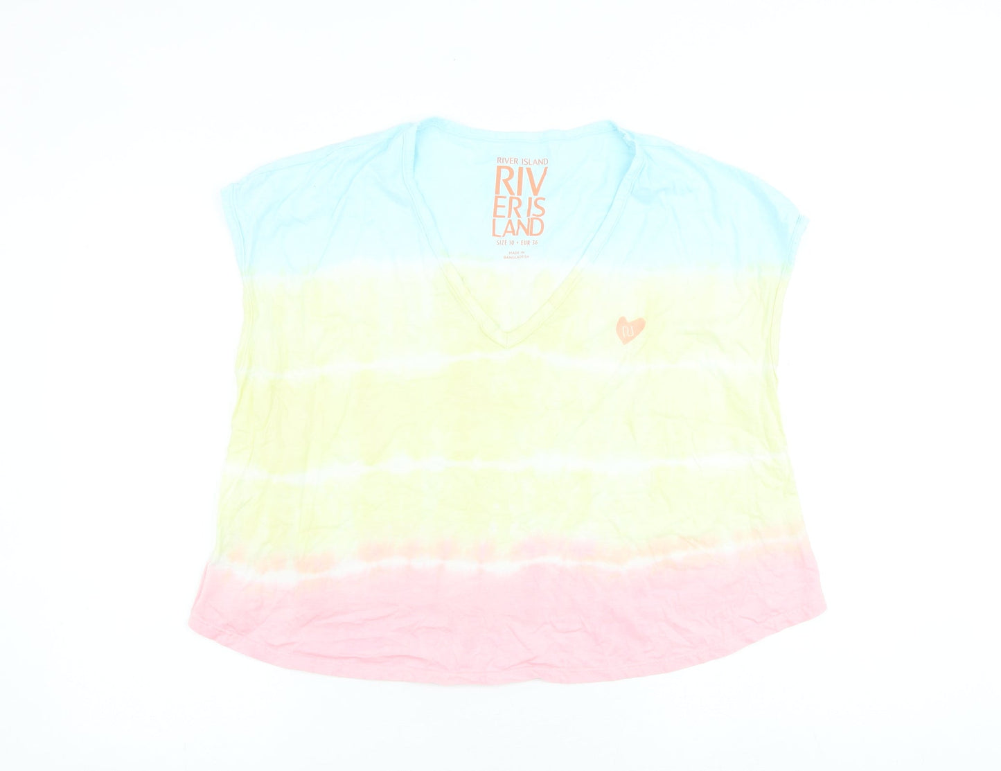 River Island Womens Multicoloured 100% Cotton Basic T-Shirt Size 10 V-Neck - Tie Dye