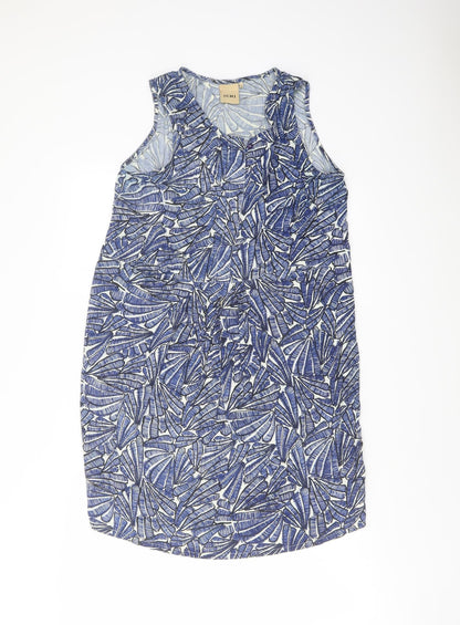 Additional front view of ICHI women’s blue geometric viscose tank dress, size UK 8, round neck pullover