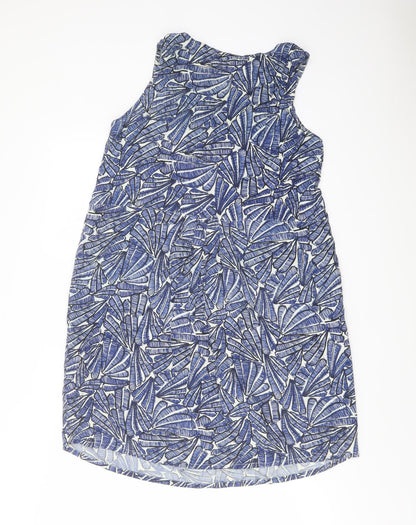 Back view of ICHI women’s blue geometric viscose tank dress, size UK 8, round neck pullover