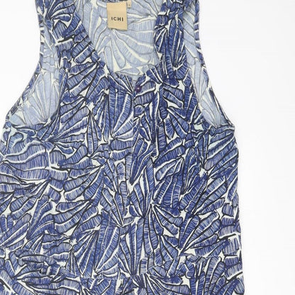 Close-up detail of ICHI women’s blue geometric viscose tank dress, size UK 8, round neck pullover
