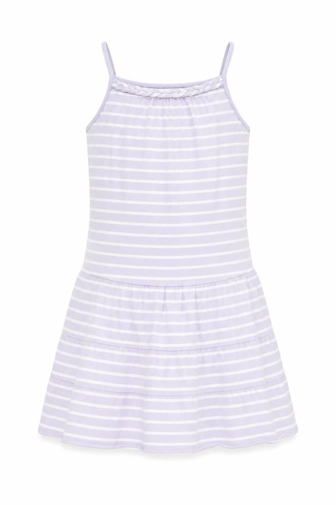 Blue Zoo Girls Purple Striped Cotton Fit & Flare Size 9-10 Years Square Neck Pullover - Braided Neck Detail