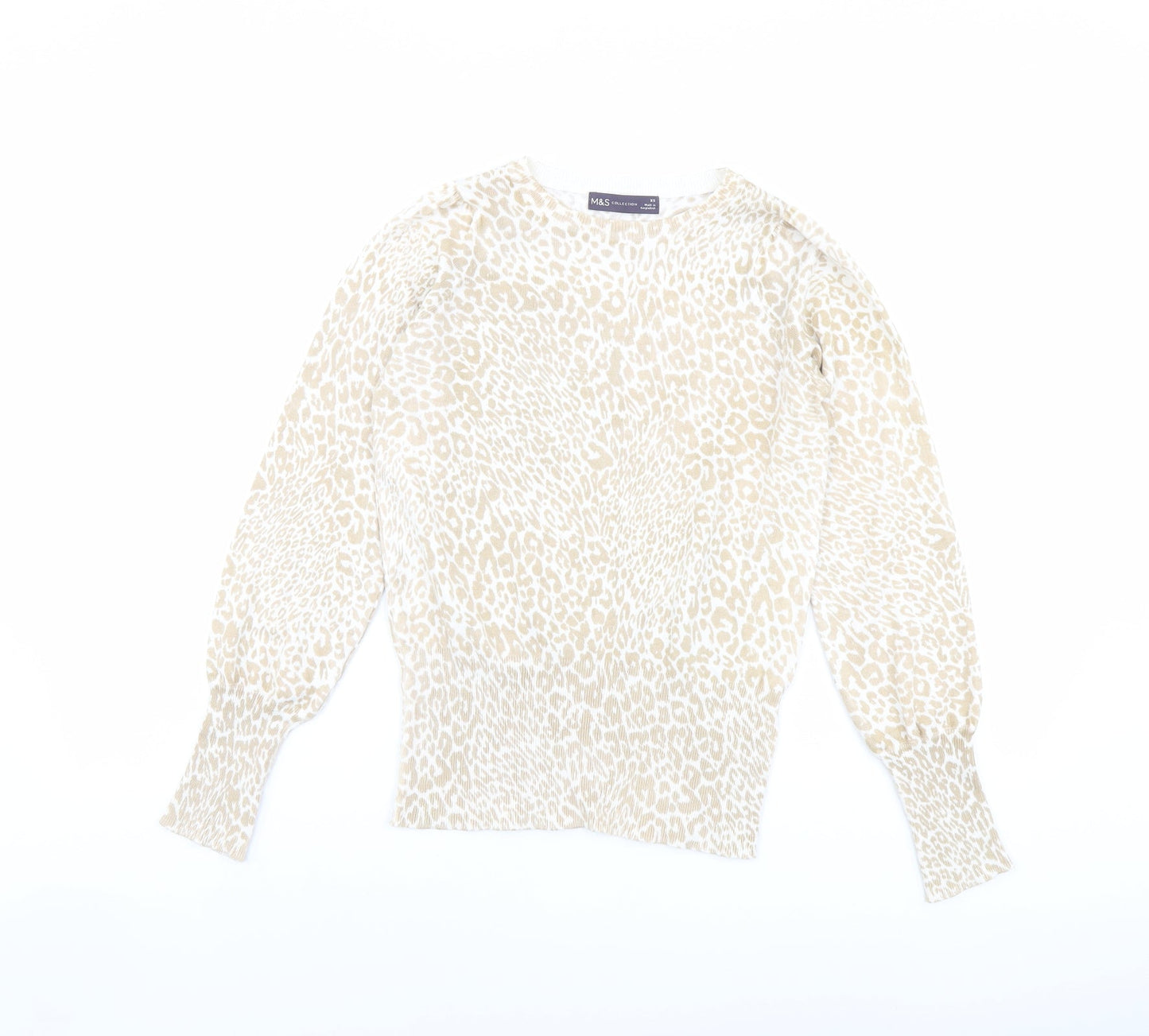 Marks and Spencer Womens Beige Boat Neck Animal Print Viscose Pullover Jumper Size XS - Leopard pattern