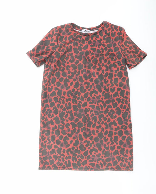 Zara Womens Red Animal Print Polyester Basic T-Shirt Size S Round Neck - Leopard Print