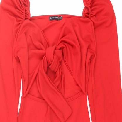 Close-up detail of I SAW IT FIRST women’s red polyester mini, size UK 6, sweetheart pullover - tie front detail