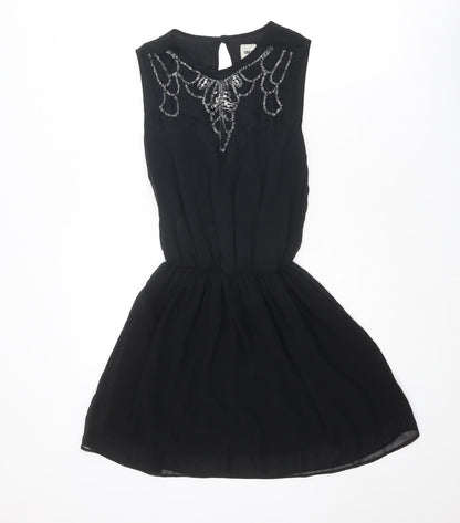 Additional front view of ASOS women’s black polyester fit & flare, size UK 8, roll neck button
