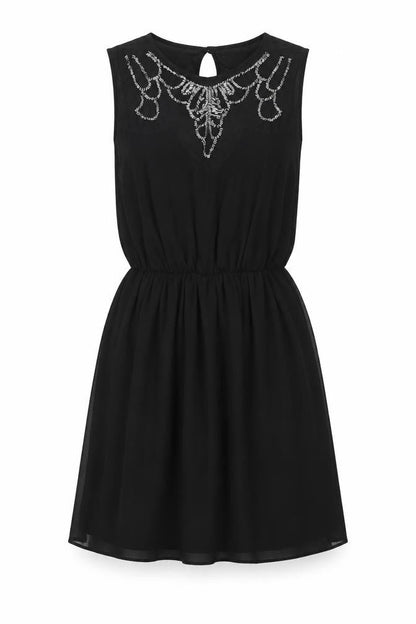 Front view of ASOS women’s black polyester fit & flare, size UK 8, roll neck button