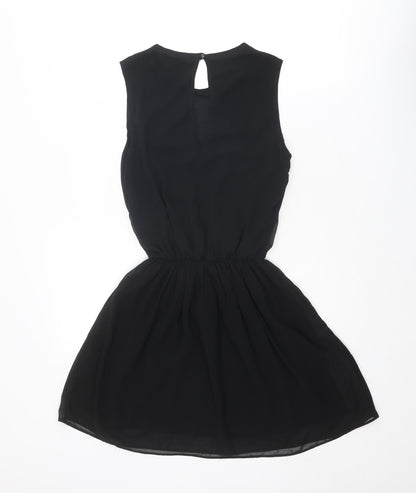 Back view of ASOS women’s black polyester fit & flare, size UK 8, roll neck button