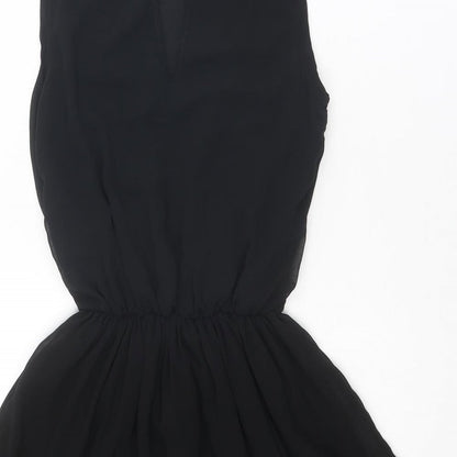 Brand and care label for ASOS women’s black polyester fit & flare, size UK 8, roll neck button