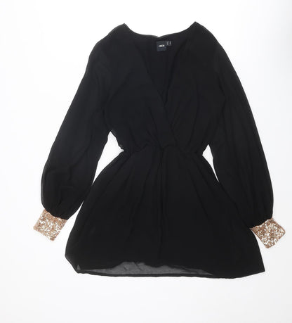 Additional front view of ASOS women’s black polyester mini, size UK 8, v-neck pullover