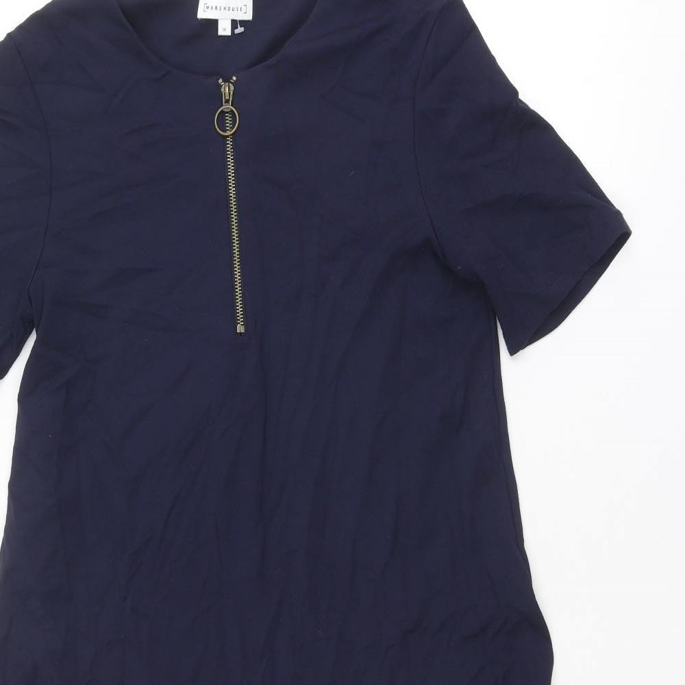 Warehouse Womens Blue Viscose Trapeze & Swing Size 10 Crew Neck Zip