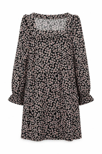 Front view of Miss Selfridge women’s multicoloured floral polyester a-line, size UK 12, square neck pullover