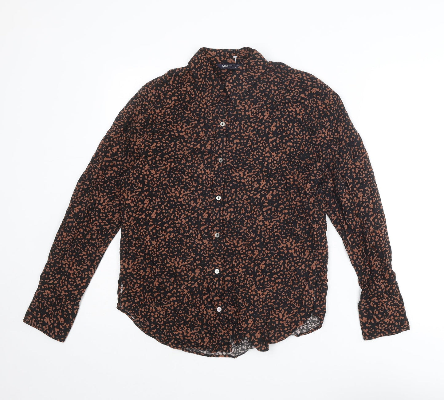 Marks and Spencer Womens Brown Geometric Viscose Basic Button-Up Size 6 Collared