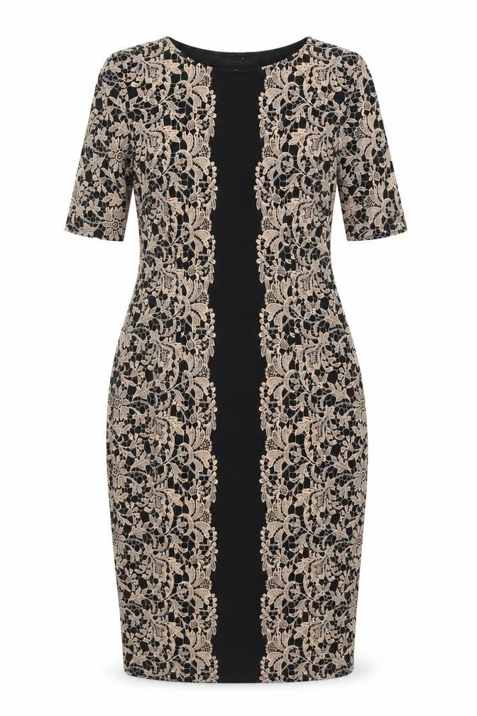 Marks & Spencer Womens Beige Polyester Sheath Size 8 Boat Neck Pullover - Crocheted Lace Overlay