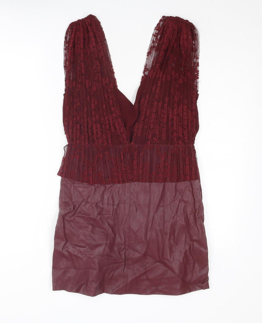 Zara Womens Red Polyester Mini Size M V-Neck Zip