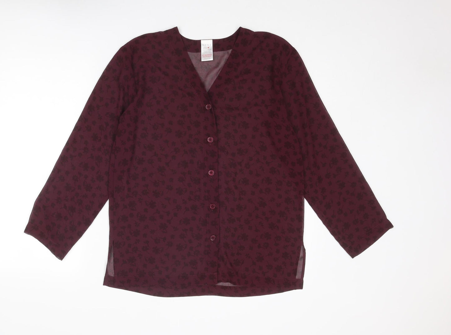 NEXT Womens Purple Floral Polyester Basic Button-Up Size M V-Neck
