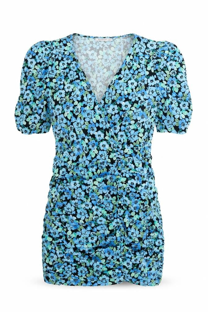 Stradivarius Womens Blue Floral Cotton Mini Size M V-Neck Zip - Size S-M