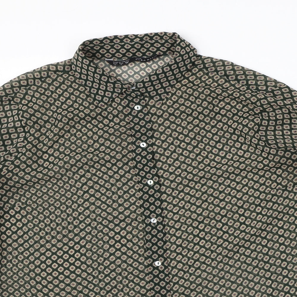Zara Womens Green Geometric Polyester Basic Button-Up Size L Collared