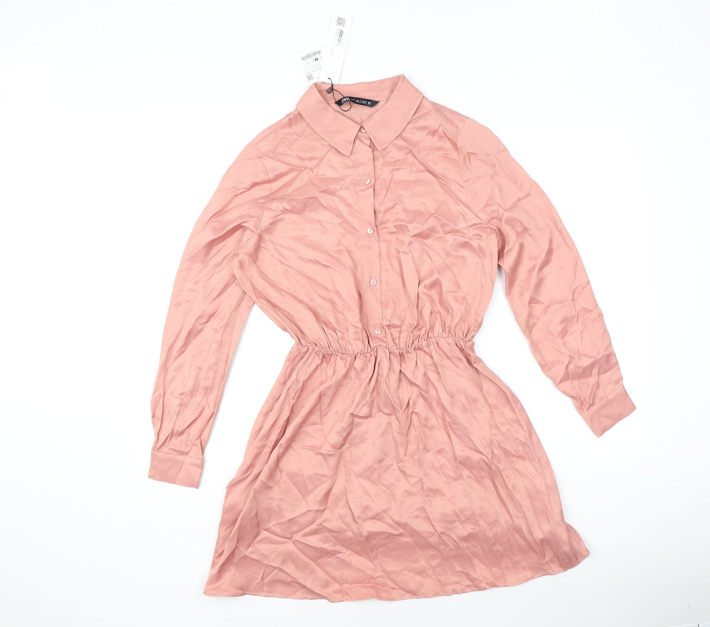 Zara Womens Pink Viscose Shirt Dress Size S Collared Button