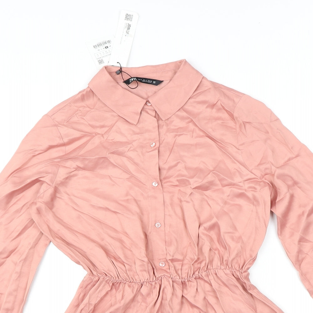 Zara Womens Pink Viscose Shirt Dress Size S Collared Button