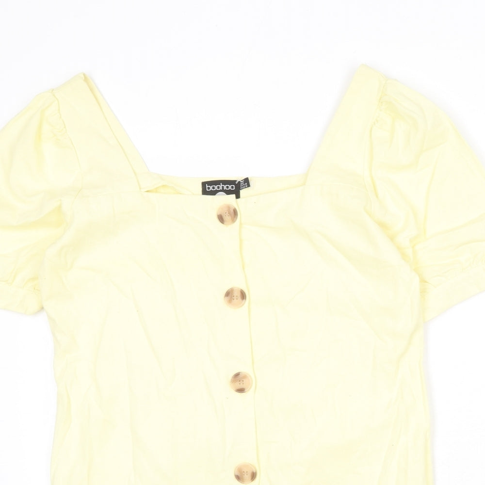 Boohoo Womens Yellow 100% Cotton Mini Size 12 Square Neck Button