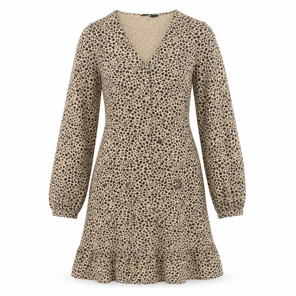 Very Womens Beige Animal Print Polyester A-Line Size 8 V-Neck Button - Leopard pattern