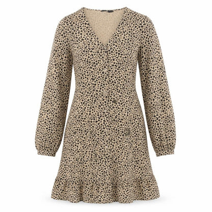 Very Womens Beige Animal Print Polyester A-Line Size 8 V-Neck Button - Leopard pattern
