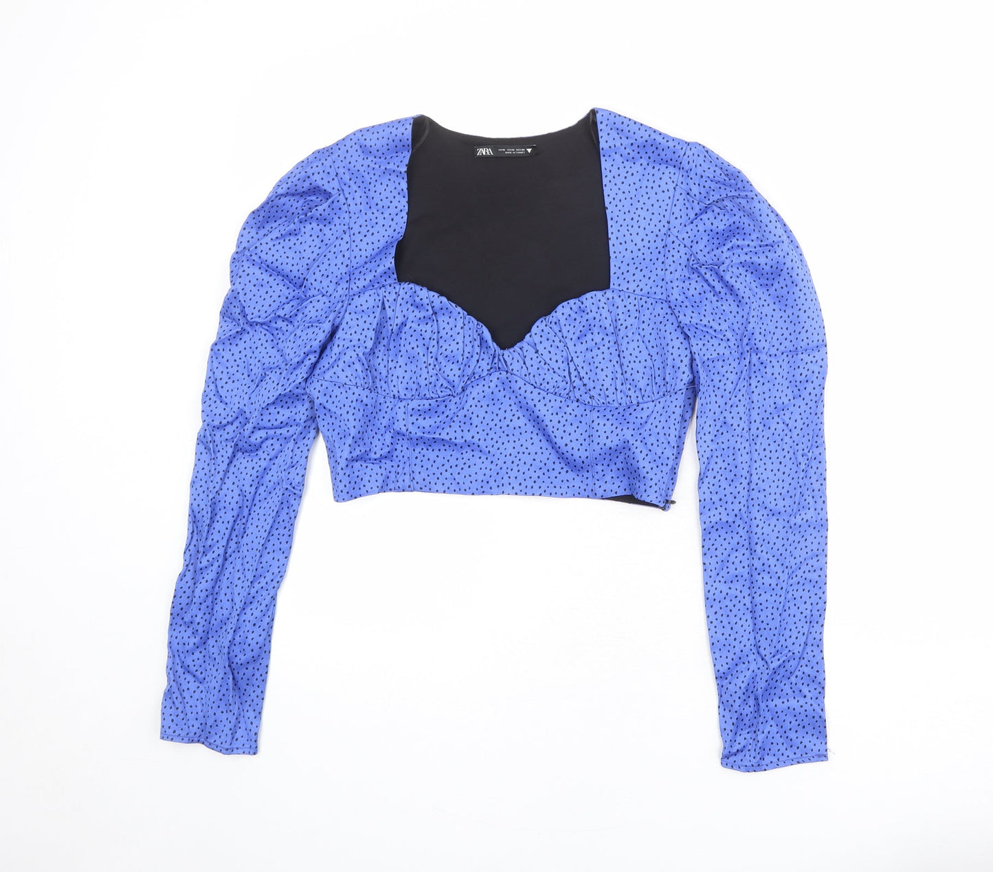 Zara Womens Blue Geometric Polyester Cropped Blouse Size M Sweetheart