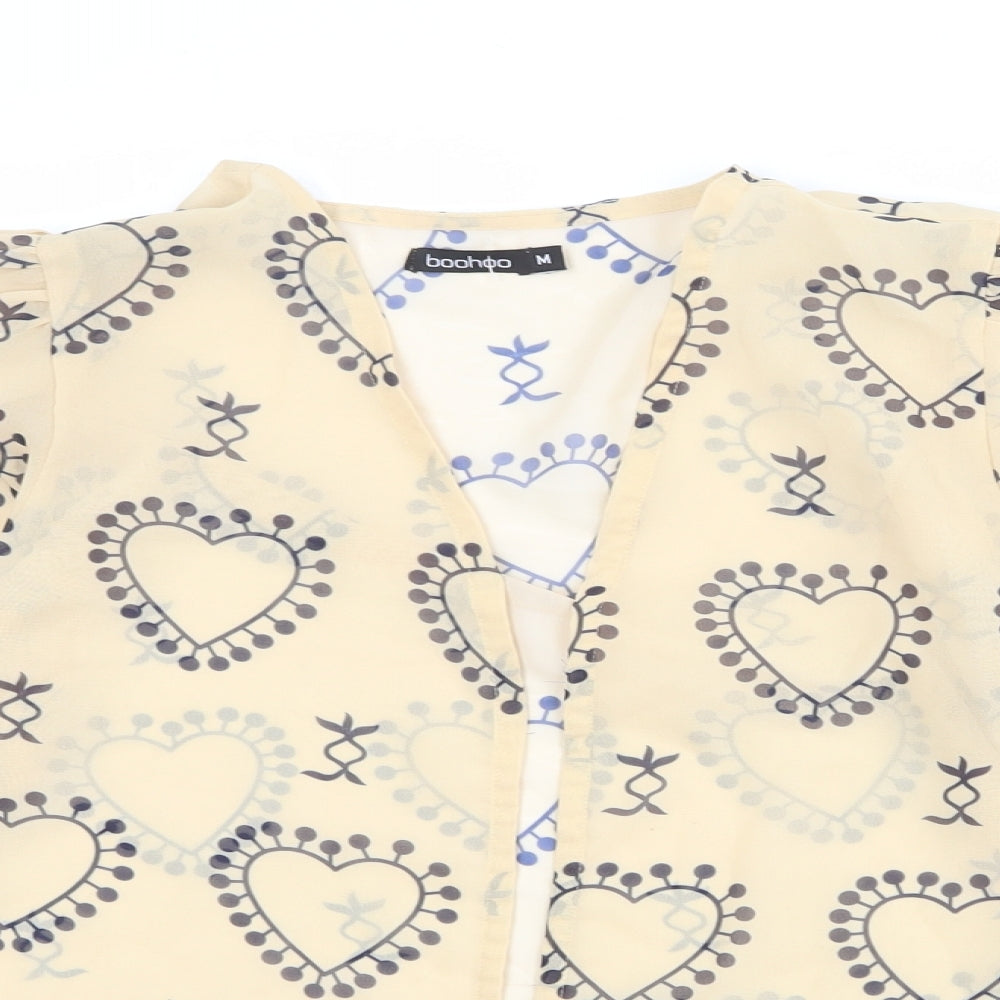 Boohoo Womens Beige Geometric Polyester Basic Blouse Size M V-Neck - Heart Pattern