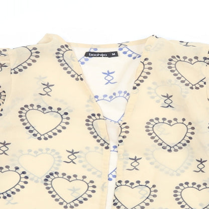 Boohoo Womens Beige Geometric Polyester Basic Blouse Size M V-Neck - Heart Pattern